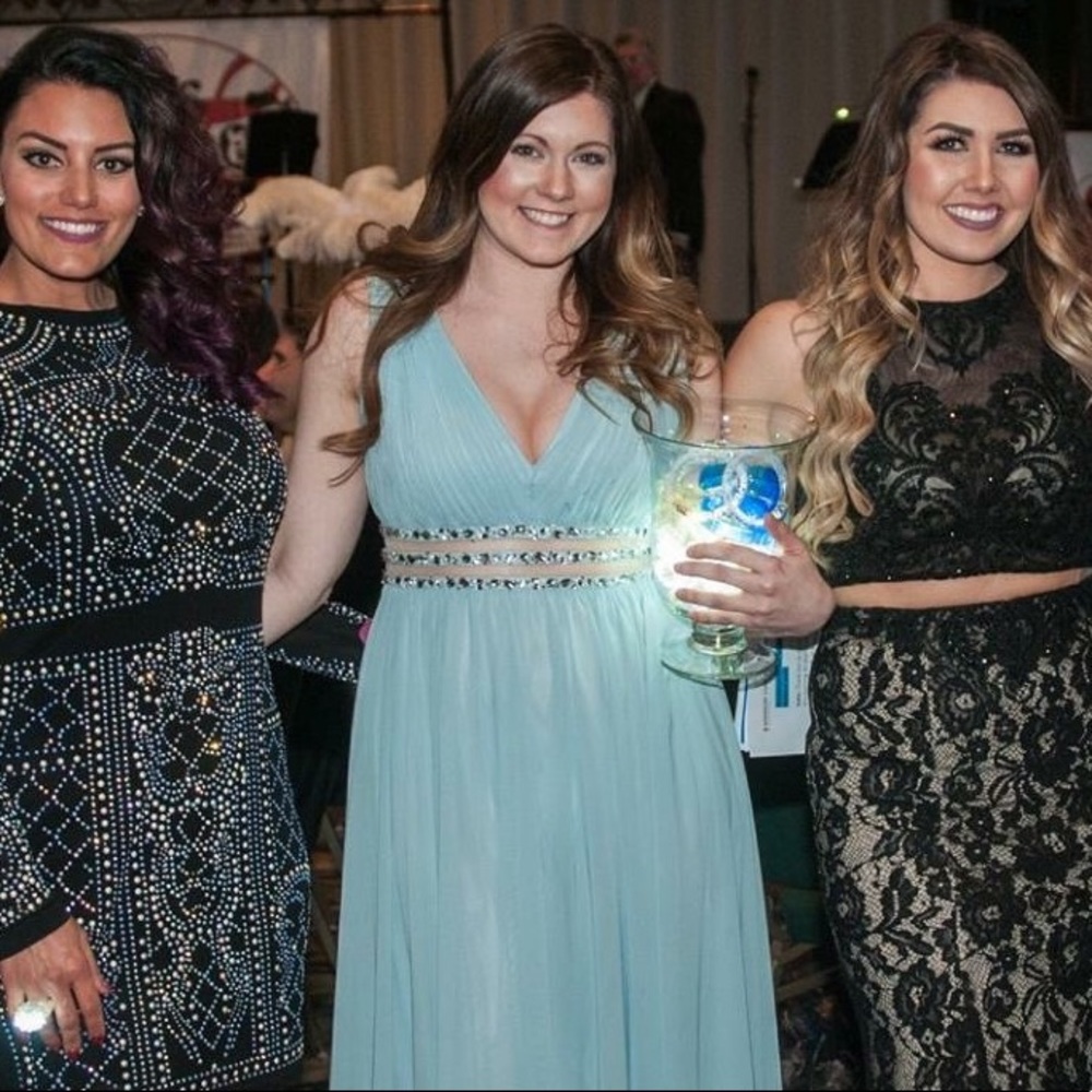 Formal turquoise beaded dress